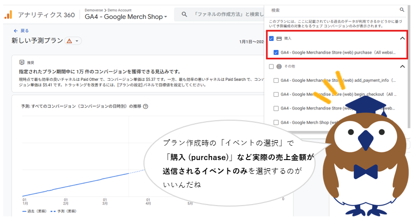 e_Agency_PR's tweet photo. /／
 📊 GA4 予算編成・シナリオ予測
 「予測の上振れ」を防ぐ正しい設定法 📈 
\＼
GA4の予測機能で「目標KPIを収益にしたのに、シミュレーション結果が高すぎる…」とお悩みの方へ。💡

収益が発生しないマイクロCVが含まれていると、予測値が大きく上振れしてしまいます。精度を高めるためのポイントは「イベントの絞り込み」です。

✅ 推奨される回避策
プラン作成時の「イベントの選択」にて、purchase（購入）など実際の売上金額が送信されるイベントのみに絞り込んでください。

📌 ここが注意点！
予測の上振れを防ぐために、Google広告のコンバージョン設定で「このコンバージョン アクションでは値は使用しない」を選択するのは非推奨です。❌

⚠️ 値を「使用しない（ゼロになる）」ことのデメリットは・・・
1️⃣ Google広告の費用対効果に基づく入札最適化に悪影響 
2️⃣ 学習データが損なわれ、予測モデルの信頼性が著しく低下

正しく絞り込んで、精度の高いシミュレーションを行いたいですね！
#GA4 #Googleアナリティクス #データサイエンス