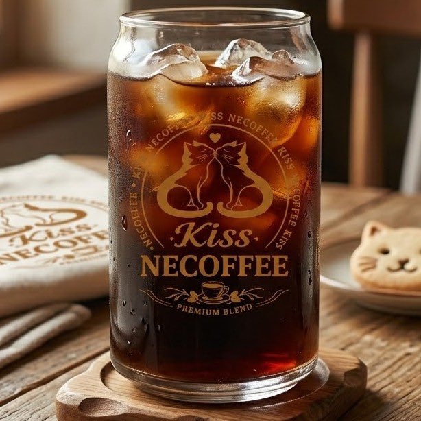 本日より販売開始！

猫好きが考えるコーヒーラベル『KISS NECOFFEE』。　
2匹の猫の仲間愛を表現した愛情たっぷりのネCOFFEE。 
アイスコーヒーを飲むのにピッタリな缶をイメージしたデザインで飲むことが楽しくなるグラスです。 
飲料以外にも花瓶や小物入れとしても使用可能！ 
サイズは360ml