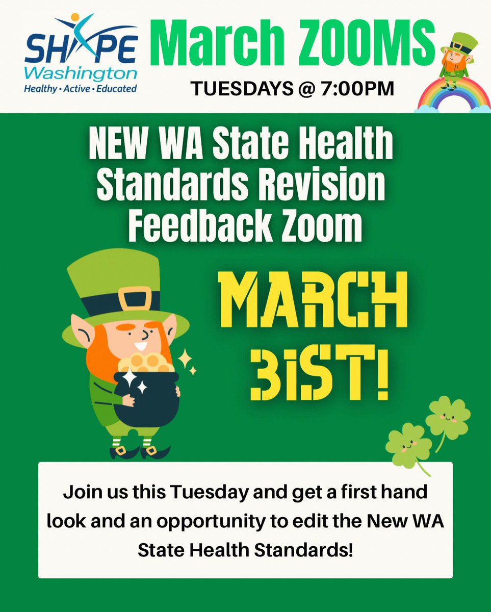 SHAPEWA's tweet photo. March is almost over but we’re not done ZOOMIN’ yet! 🤩💻🤩 

Please join us this Tuesday to get a first hand look at the new Washington State Health Standards and support with the editing process! 

Don’t forget - 1 clock hour available for those who attend! See you then! 👍 https://t.co/gQPvAcRtFy