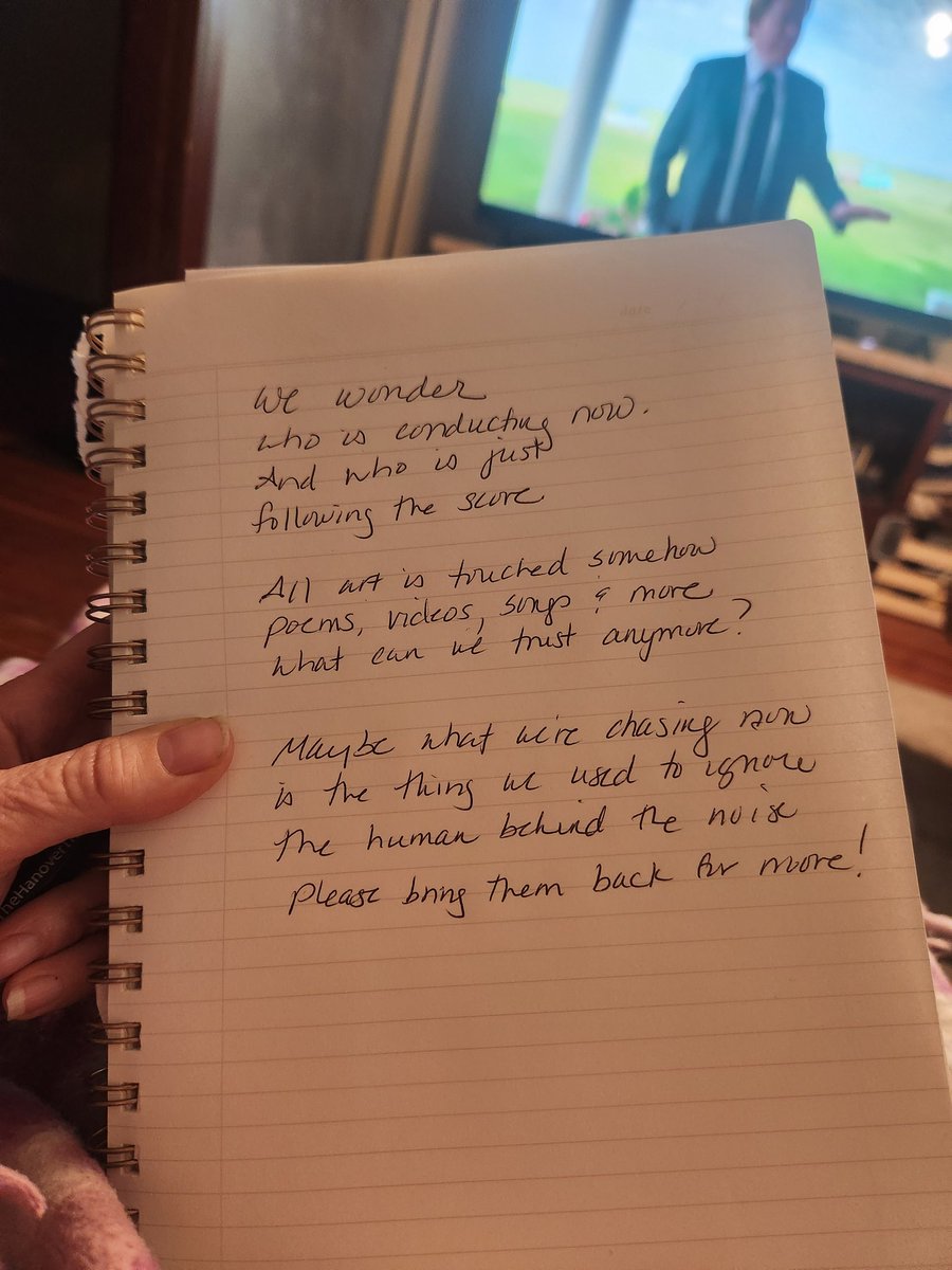 PennyAicardi's tweet photo. we wonder
who is conducting now
& who is just
following the score
all art is touched somehow
poems, videos, songs, & more
what can we trust anymore?
maybe what we’re chasing now
is the thing we used to ignore
the human behind the noise,
Please bring them back for more
#vss355 https://t.co/z4eXTg3Ad3