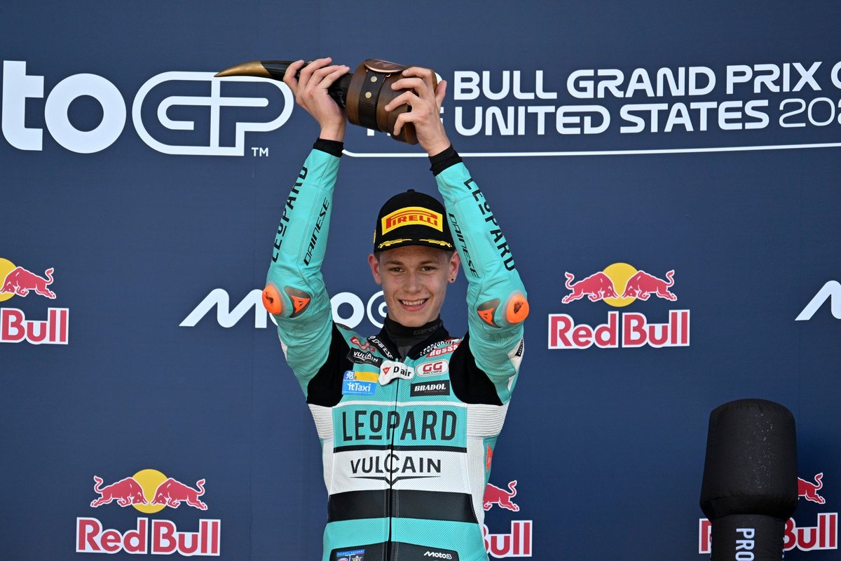 dainese's tweet photo. Guido Pini secured his maiden #Moto3 win today at the #USGP in spectacular fashion! What a memorable day for the @Le0pardRacing rising star! #dainese https://t.co/zGTmuefgn6