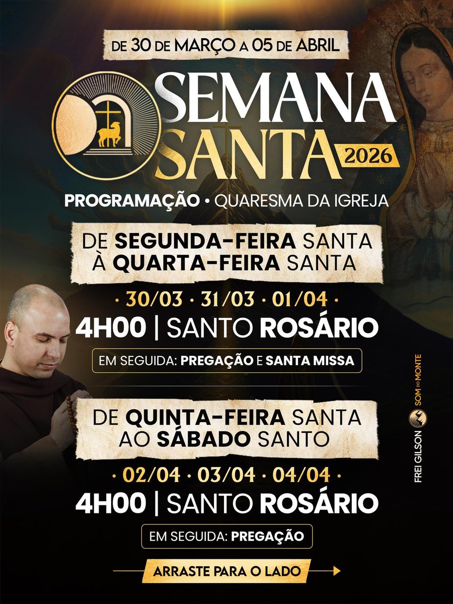 FreiGilsonCMES's tweet photo. Chegou, minha gente, a semana mais importante das nossas vidas: a Semana Santa.
Mais do que nunca, este é um tempo de oração intensa. Por isso, quero convidar você a rezar conosco o Santo Rosário às 4h da manhã.
De segunda a domingo, estaremos juntos em oração. Tenho certeza de que viveremos uma Semana Santa maravilhosa, na presença de Deus.
Você que já está fazendo a Quaresma conosco, continuemos firmes.
E você que deseja começar agora, seja muito bem-vindo.
Até daqui a pouco, às 4h da manhã.