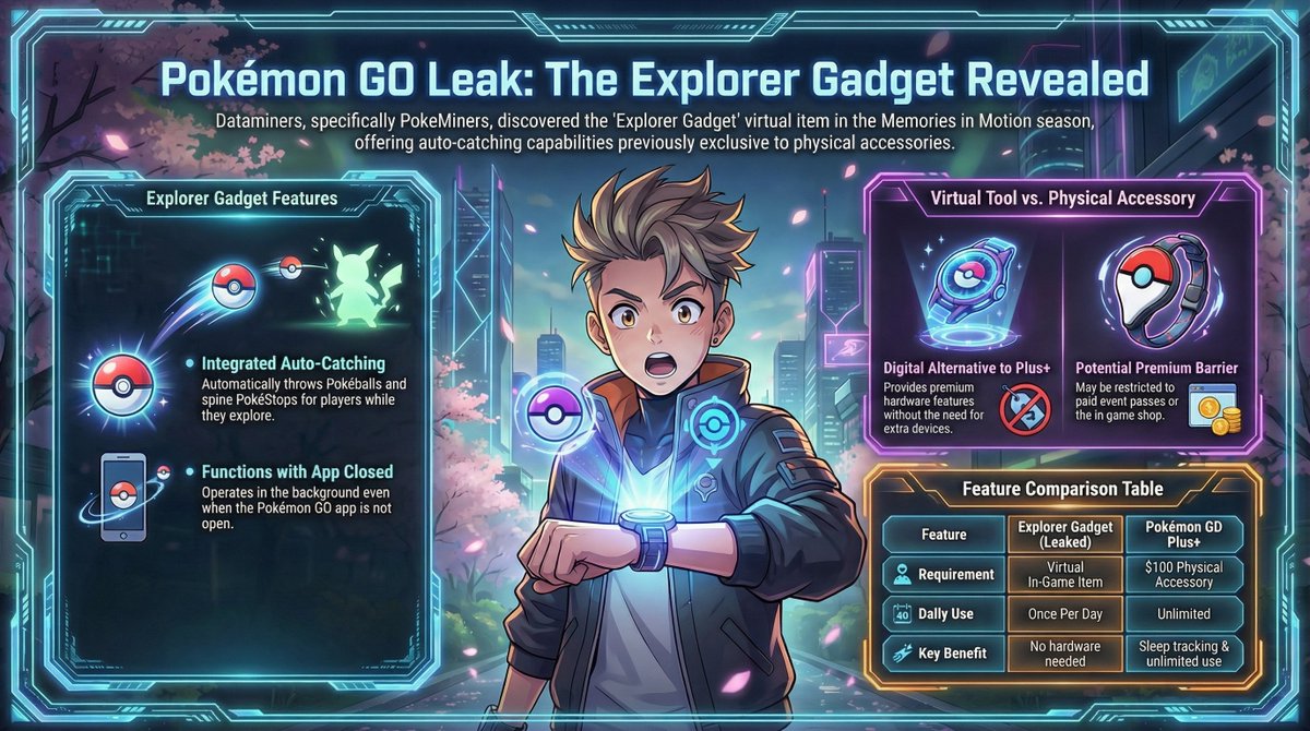 gameshlist's tweet photo. Niantic just datamined an "Explorer Gadget" that auto-catches &amp; spins PokéStops — NO hardware needed. Could this kill the $100 GO Plus+? There's a catch (literally): once per day only 🔴⚡ #PokemonGO #PokemonGOLeak #NianticSpatial https://t.co/WS0Y7KhDkP https://t.co/xvGNopjW2C