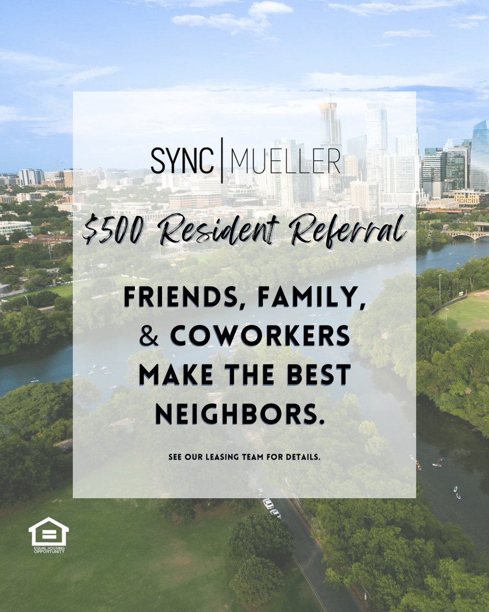 SyncatMueller's tweet photo. It’s already a good spot… it gets even better with your people nearby 🌿✨
Refer a new resident and earn $500. See the Leasing Team for more Deatils. 💸

#SYNCResidential #SYNCatMueller #AustinApartments #MuellerLakePark #512living #EastAustin #ATXliving #ExploreAustin... https://t.co/7evaIAJTlE
