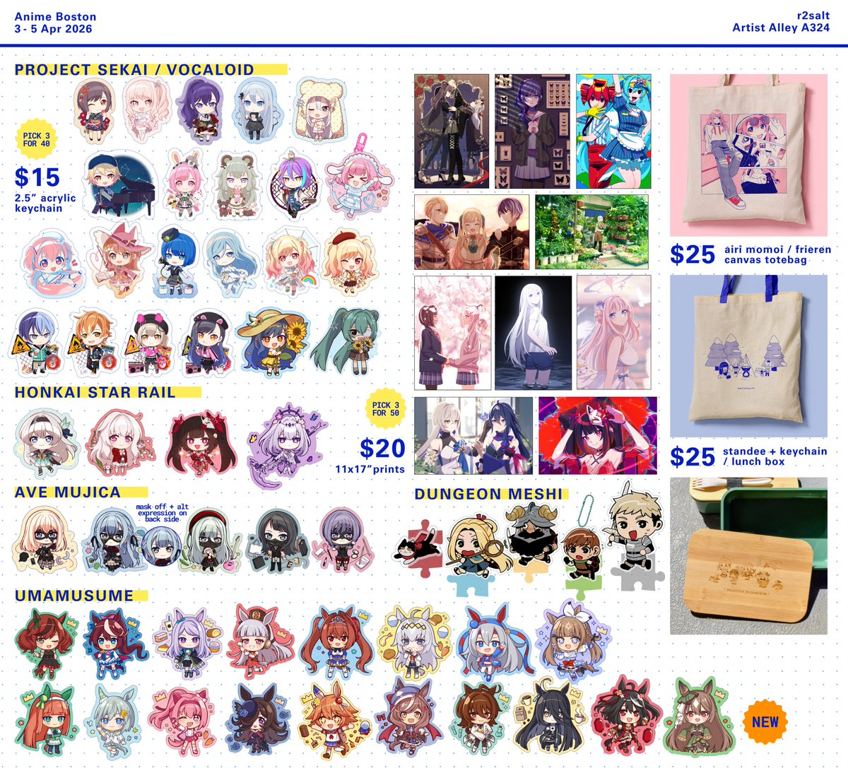 catalog for anime boston this weekend!
i'll be in the artist alley at table A324 with a bunch of vtuber, prsk, and umamusume merch 😊
