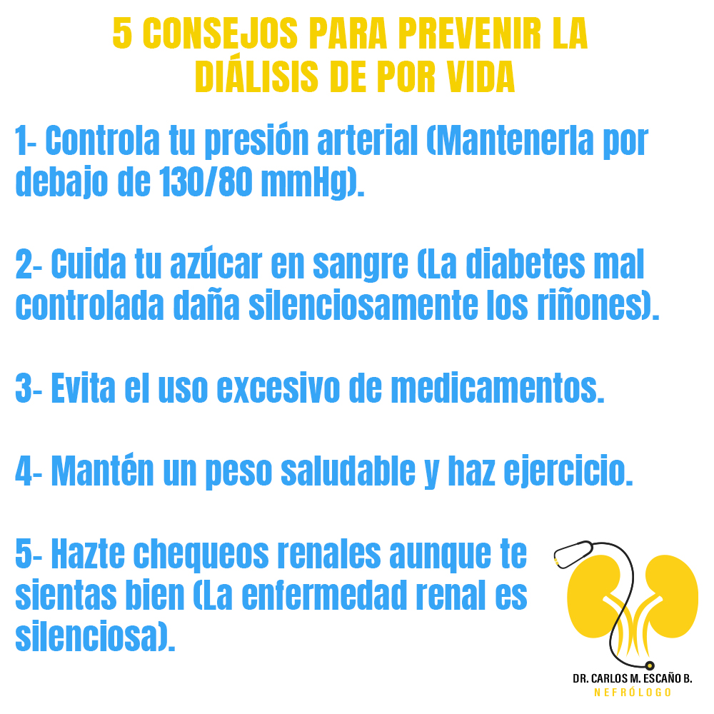 La hipertensión es una de las principales causas de daño renal. Mantenerla por debajo de 130/80 mmHg. 

La diabetes mal controlada daña silenciosamente los riñones. 

La enfermedad renal es silenciosa. Un simple examen puede detectarla a tiempo.