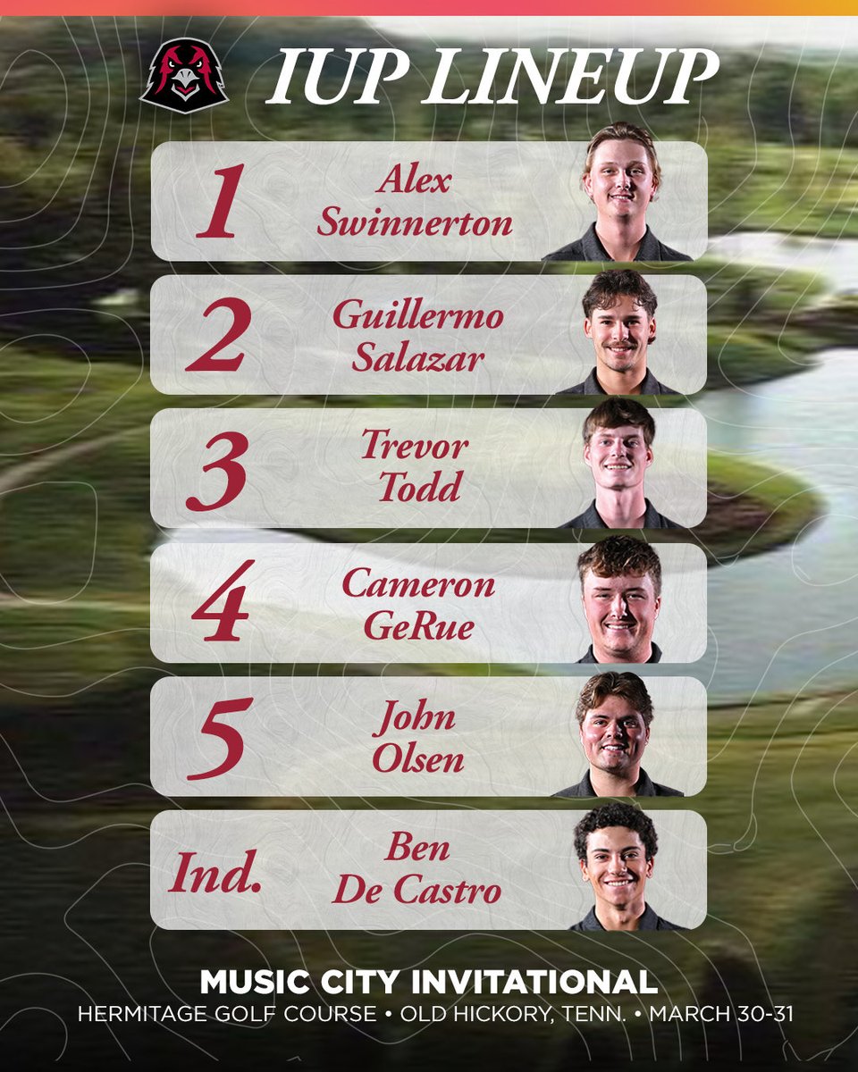 IUPgolf's tweet photo. Our lineup for this week in Tennessee. 

Live scoring: https://t.co/Gl0ZidWJmr

#TalonsUp https://t.co/6GYMotVXRj