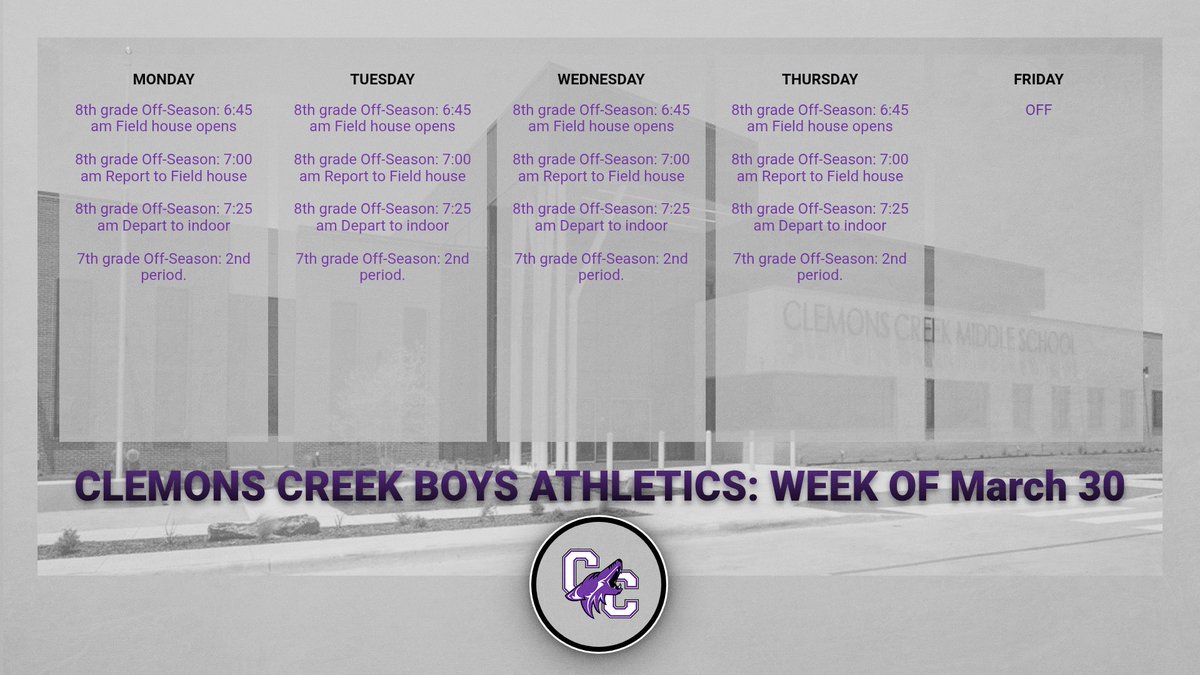 Week of March 30
Clemons Creek Boys

Off-season Schedules for the week.

#CU
