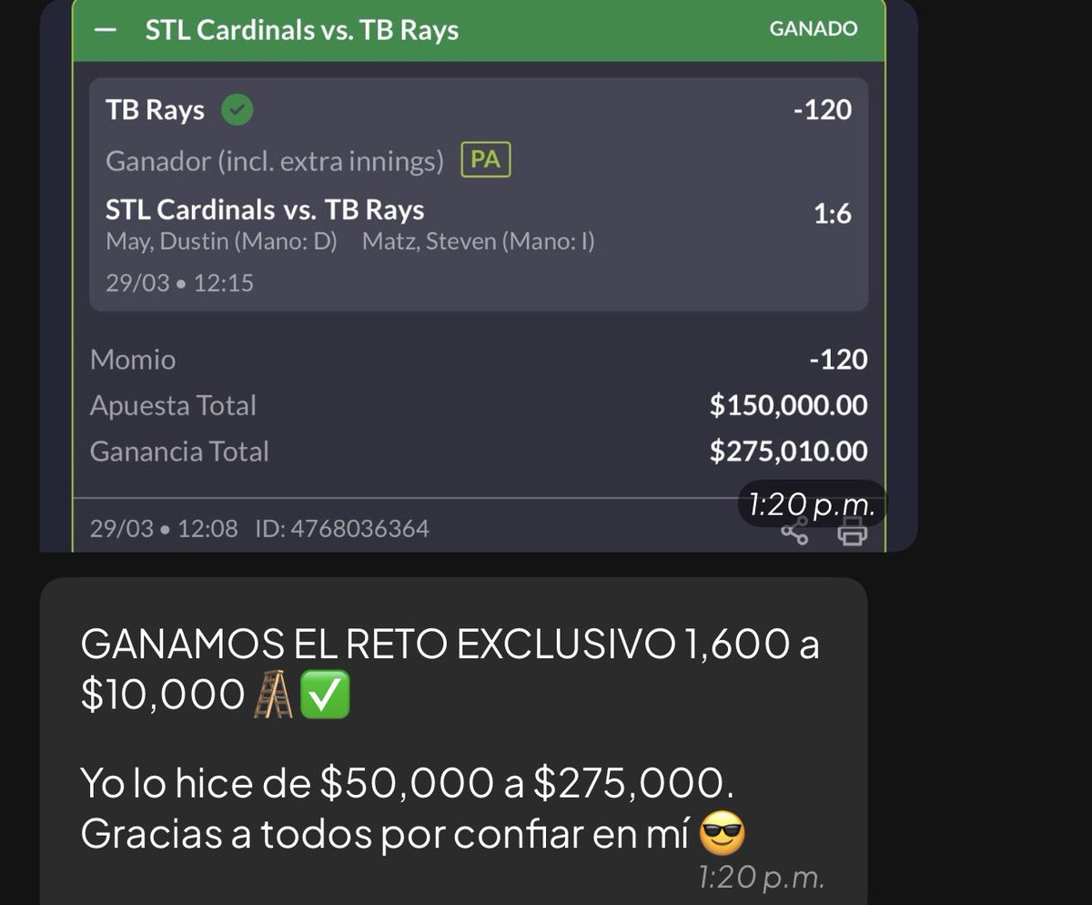 hugowx_'s tweet photo. GANAMOS EL RETO EXCLUSIVO $1,600 a $10,000🪜✅

Más de 100 personas confiaron y les cumplí su objetivo de hacerlos ganar $10,000 🫡

Yo hice el reto de $50,000 a $275,000. Me sigo forrando con la MLB 🔥 https://t.co/LMfBi1Uq5f