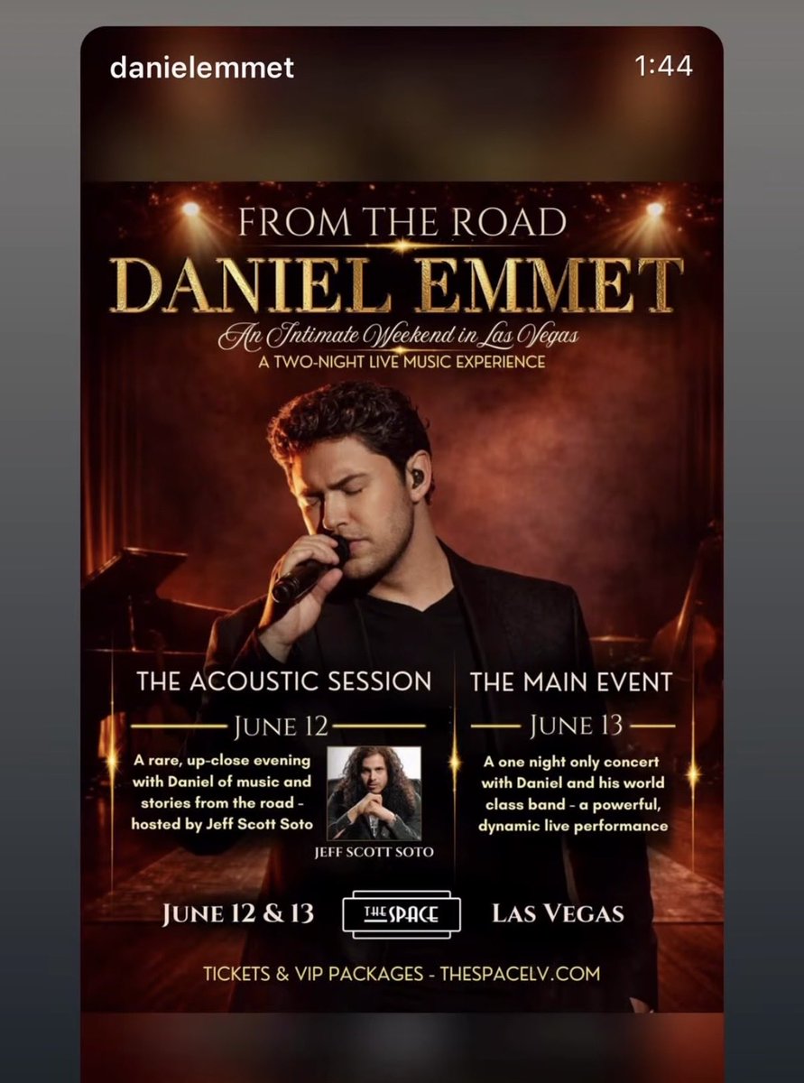 cindytsmith's tweet photo. @magicfm @DanielEmmet in Vegas June 12 &amp; 13th- fellow TSO west group pal @jeffscottsoto will be joining him on first night of concerts 🎶👏 https://t.co/hO00enV334