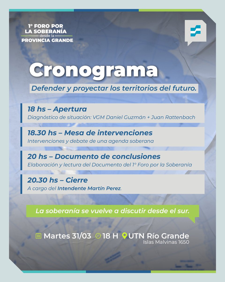 Este martes 31 a las 18 hs en la UTN Río Grande vamos a abrir un espacio de debate sobre soberanía, Malvinas y el rol de Tierra del Fuego en la Argentina bicontinental.

Los espero para participar del 'Foro por la Soberanía' desde la Provincia Grande. 

👇