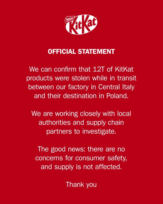 SmritiSharma_'s tweet image. Swiss food giant Nestle says about 12 tons, or 413,793 candy bars, of its #KitKat chocolate brand were stolen after leaving its production site in #Italy earlier this week for #Poland.