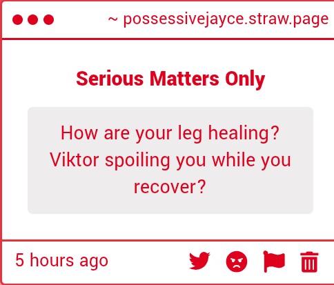 Leg ain't any better, something must be seriously wrong, cock hurts . Dunno what the fuck happened. 

Doesn't matter. 

He's been a good boy for me. Real sweet. But I know something's wrong. The clothes he wears... Just

..

Not ...... 

Him... 

Fuck ..