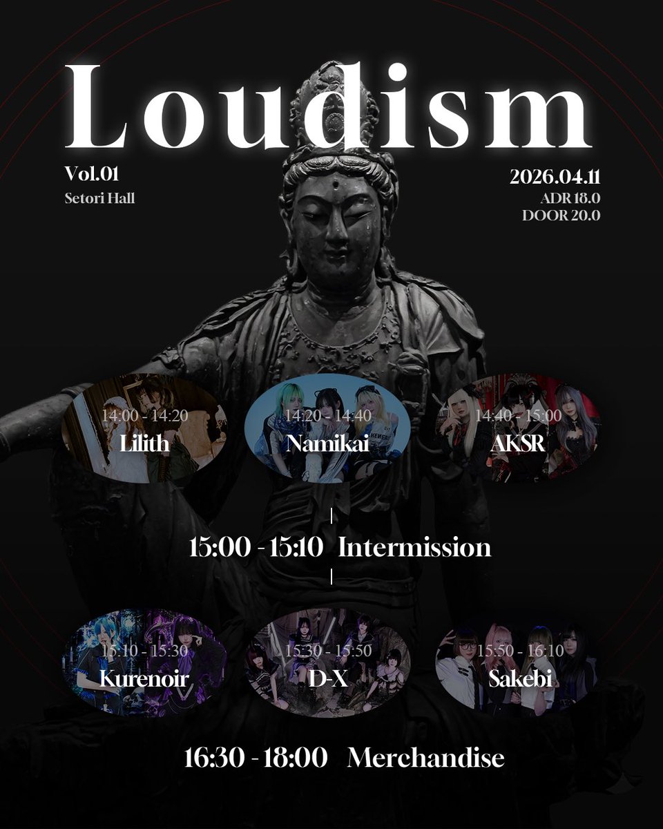 2026년 4월 11일 (토)

LOUDISM vol.1 

개장 13:40 / 개연 14:00
장소: 세토리

ADV - ₩-18,000 / DOOR - ₩20,000

출연▶️ 15:30-15:50
특전회▶️ 16:30-18:00

🗝️예약 특전: 레더베리 1pt + 메아테특전권 1매
🗝️주최 일괄 예약: booking.naver.com/booking/5/bize…

#D_X_live