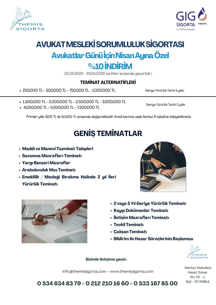 Avukat Mesleki Sorumluluk Sigortanızı Hala Yaptırmadınız Mı? Avukatlar gününe özel Nisan ayı boyunca geçerli olan kampanyamızdan faydalanmak için 👉📞0 534 634 83 79 - 📞0212 210 16 60 📩info@themissigorta.com 🛜themissigorta.com #avukatlargünü