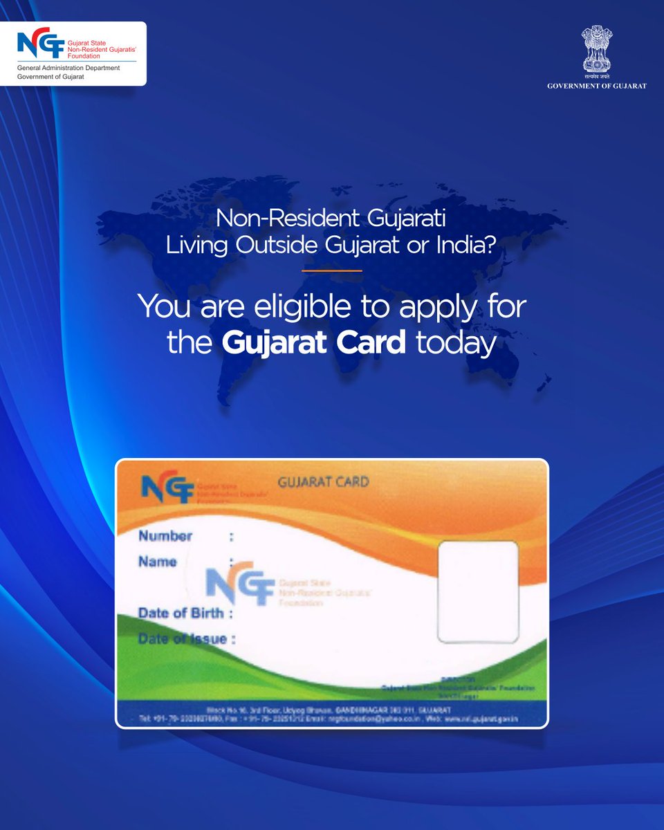 If you reside outside Gujarat, the Gujarat Card is designed for you. It offers exclusive travel and festival privileges, making every visit more seamless and rewarding. Apply for the Gujarat Card today.

#GujaratCard #NRGF #NRFCOMMUNITY