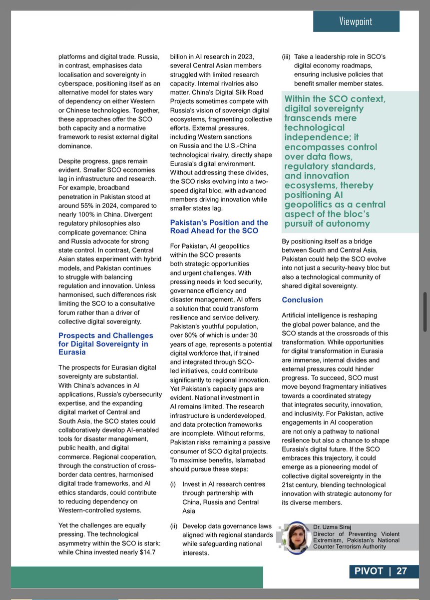 In PIVOT Magazine, Dr. Uzma Siraj analyses digital sovereignty, AI geopolitics, and cyber governance in Eurasia in her article SCO and the Emerging Geopolitics, highlighting the strategic role of the SCO in the digital era.