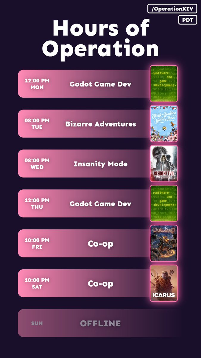 XIVYTV's tweet photo. New streaming hours! 2 days of game dev, 2 days of solo gaming, and 2 days of co-op. #operationxiv #twitch https://t.co/QrsXLqQC0W