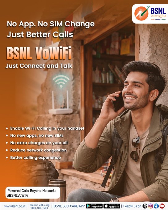 BSNL_RJ's tweet photo. No App. No SIM Change. Just Better Calls.

  BSNL VoWiFi – Connect to Wi-Fi and talk endlessly.
* No extra apps
* No SIM upgrade 
* No extra charges 
* Clearer calls, less congestion

#BSNLVoWiFi #WiFiCalling #StayConnected #BSNLNetwork #BSNLIndia

@CMDBSNL @robertravi21 https://t.co/5w7Nb5EyBq