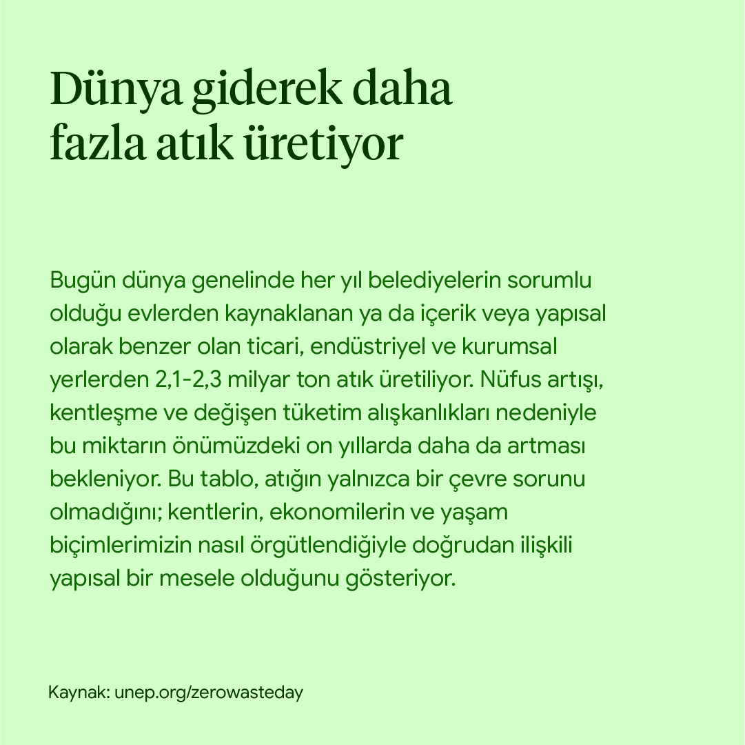 marmarabb's tweet photo. Birleşmiş Milletler tarafından ilan edilen Uluslararası Sıfır Atık Günü, her yıl 30 Mart'ta atık oluşumunu azaltmaya ve döngüsel ekonomi çözümlerini teşvik etmeye dikkat çekmek amacıyla kutlanıyor.

Bu yılın teması ise “Sıfır atık tabağımızdan başlar”. Bu tema, her yıl milyarlarca ton gıdanın çöpe gittiği bir dünyada bu israfın azaltılmasının sürdürülebilir bir gelecek için kritik bir adım olduğunu vurguluyor.  

Gıda israfı yalnızca çevresel değil, aynı zamanda etik ve toplumsal bir mesele. Bunu azaltmak; yalnızca bireysel alışkanlıkları gözden geçirmekle değil, üretimden tüketime uzanan tüm gıda sisteminin birlikte dönüşmesiyle mümkün.

Blog yazısının tamamını okumak için: https://t.co/tgLlvU4rmN