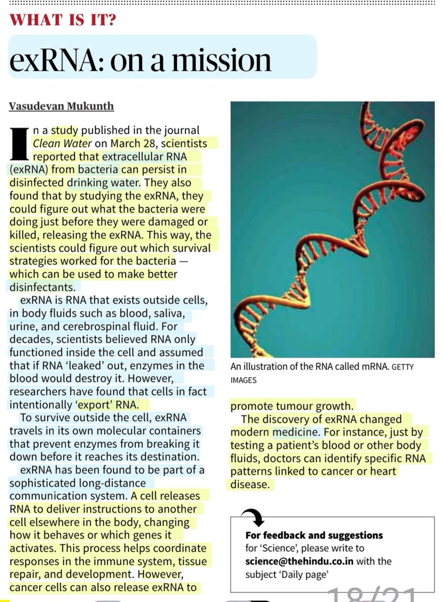 imRavikantYadav's tweet image. exRNA: on a mission

What is it ?

:Explained by Sh Vasudevan Mukunth
@1amnerd 

#exRNA #RNA #ExtracellularRNA
#Bacteria #Disinfectant
#DrinkingWater
#Medicine 
#Science

#UPSC 

Source: TH
