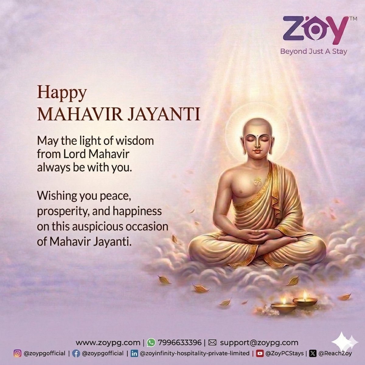 ReachZoy's tweet photo. Celebrating the path of truth, peace, and non-violence 🕊️✨
Happy Mahaveer Jayanti!
#MahaveerJayanti #ZoyPG #Peace #Truth 
#SmartLiving #FestiveVibes #PremiumStay #UrbanLifestyle #CelebrateLife https://t.co/f194OzMg6k