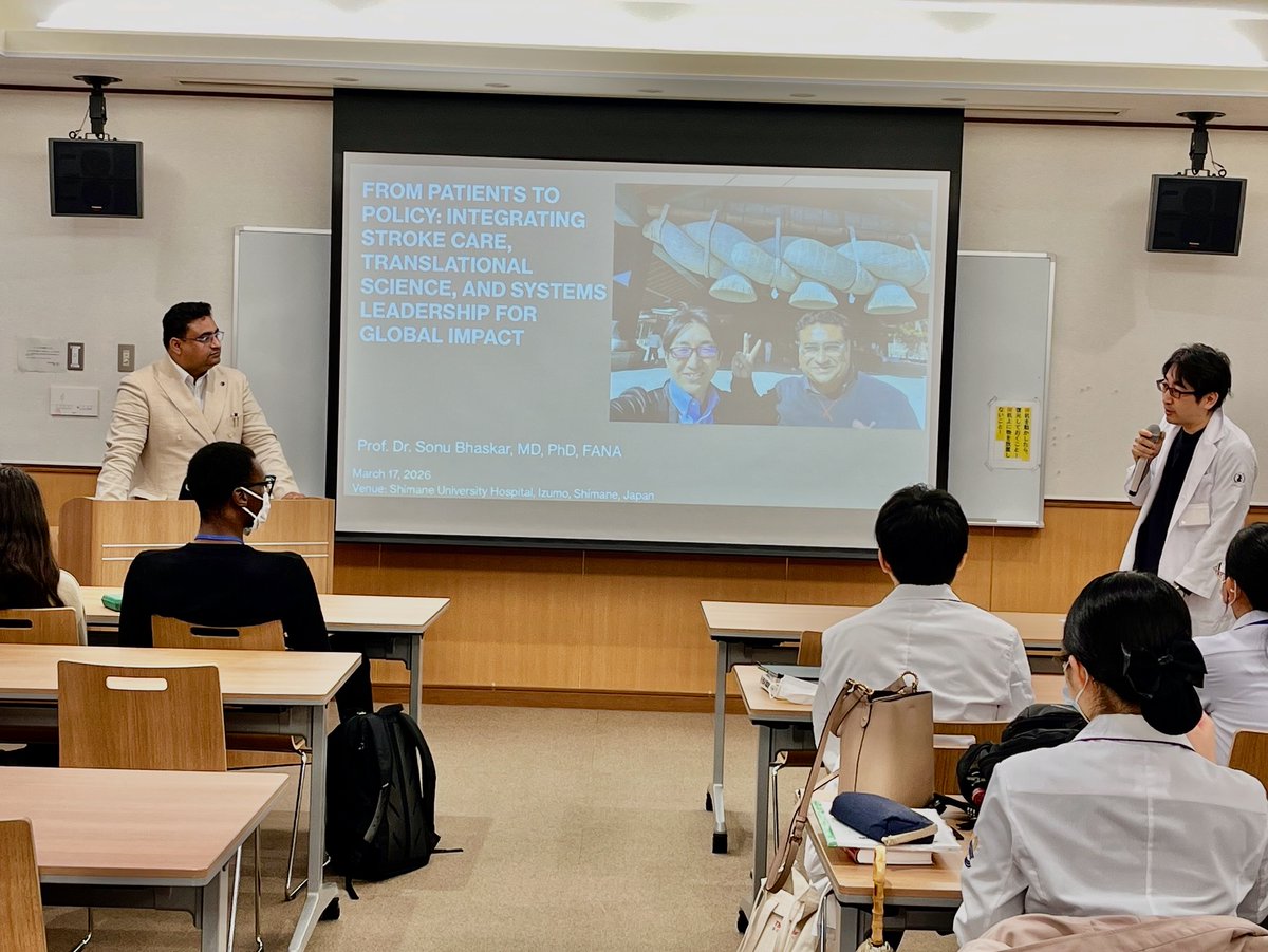 DrSonuBhaskar's tweet photo. Interacting with a community of neurologists and neurosurgeons from Shimane University Hospital, Izumo, was indeed a fulfilling experience. 
We spoke about our latest trials, studies and training programs beyond the impact of the global burden of stroke and ageing on Japan and beyond.

#globalhealth