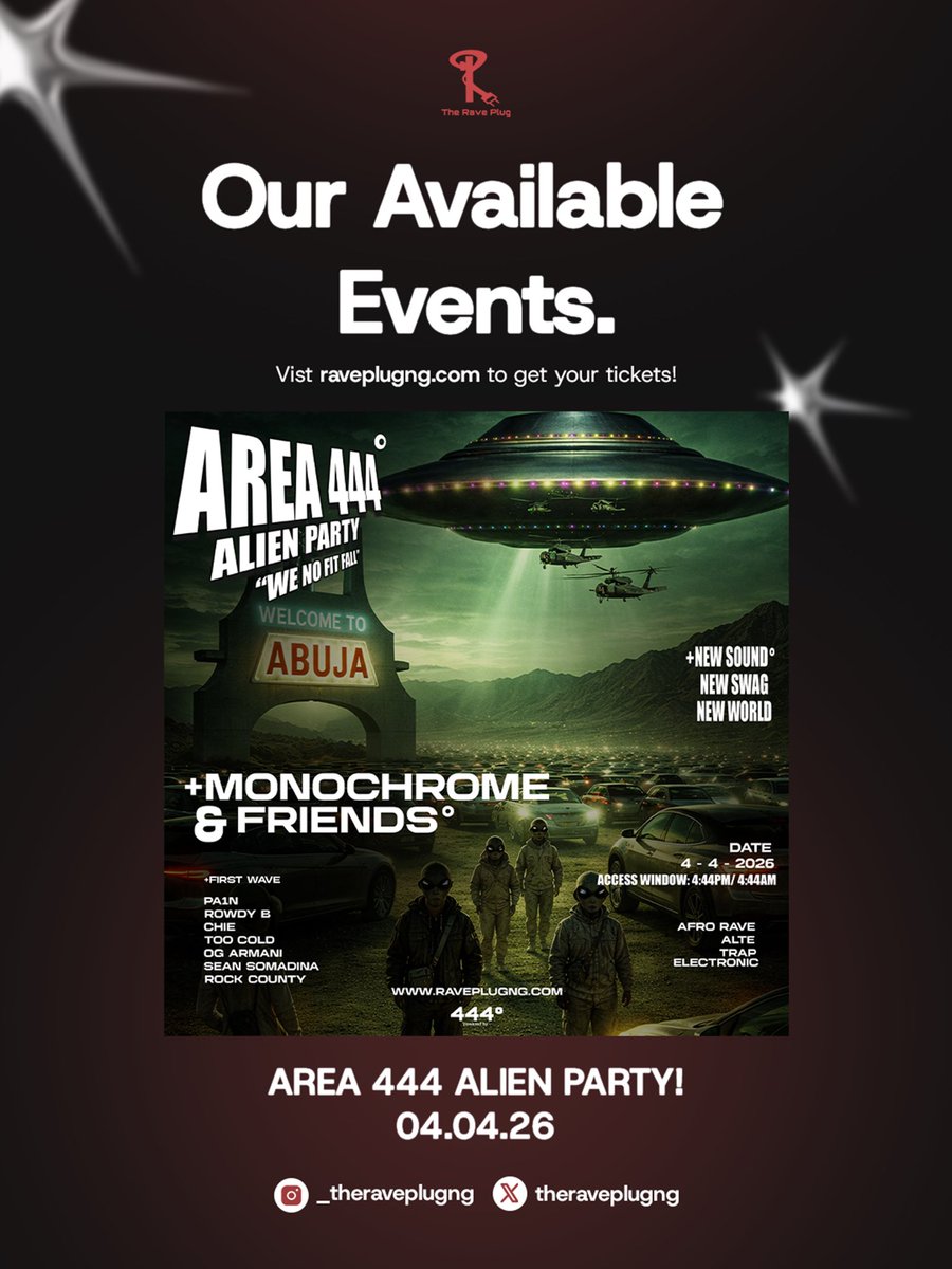 theraveplugng_'s tweet photo. +This is not a regular party.

AREA 444°: ALIEN PARTY is where Abuja’s underground new age sound comes alive.

+Limited access. High energy. Real crowd.

We the best 

If you know, you know.

4:44PM — Aliens first.

Don’t be told about it. https://t.co/FVnQoCAyNv