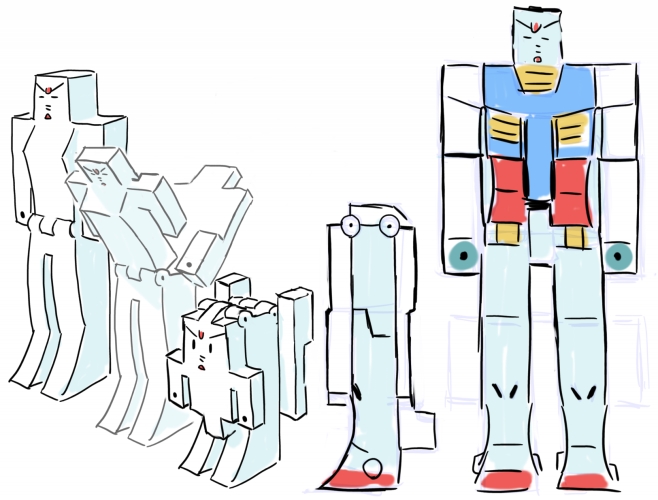 「SDリアル変形ガンダム改案、実際のパーツ配置はどんなもんだろうラフ。」|油屋とんびのイラスト