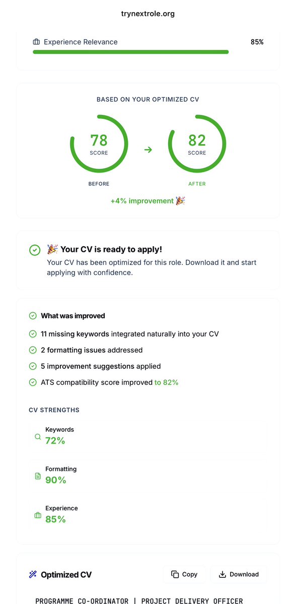 Real NextRole scan from this morning.

CV score: 78%

Good CV.
But not aligned to the role.

⸻

Missing keywords:

Business Case Development
Benefit Realisation
Budget Management
Resource Planning
Quality Management

(All in the job description. None in the CV.)

⸻

After
