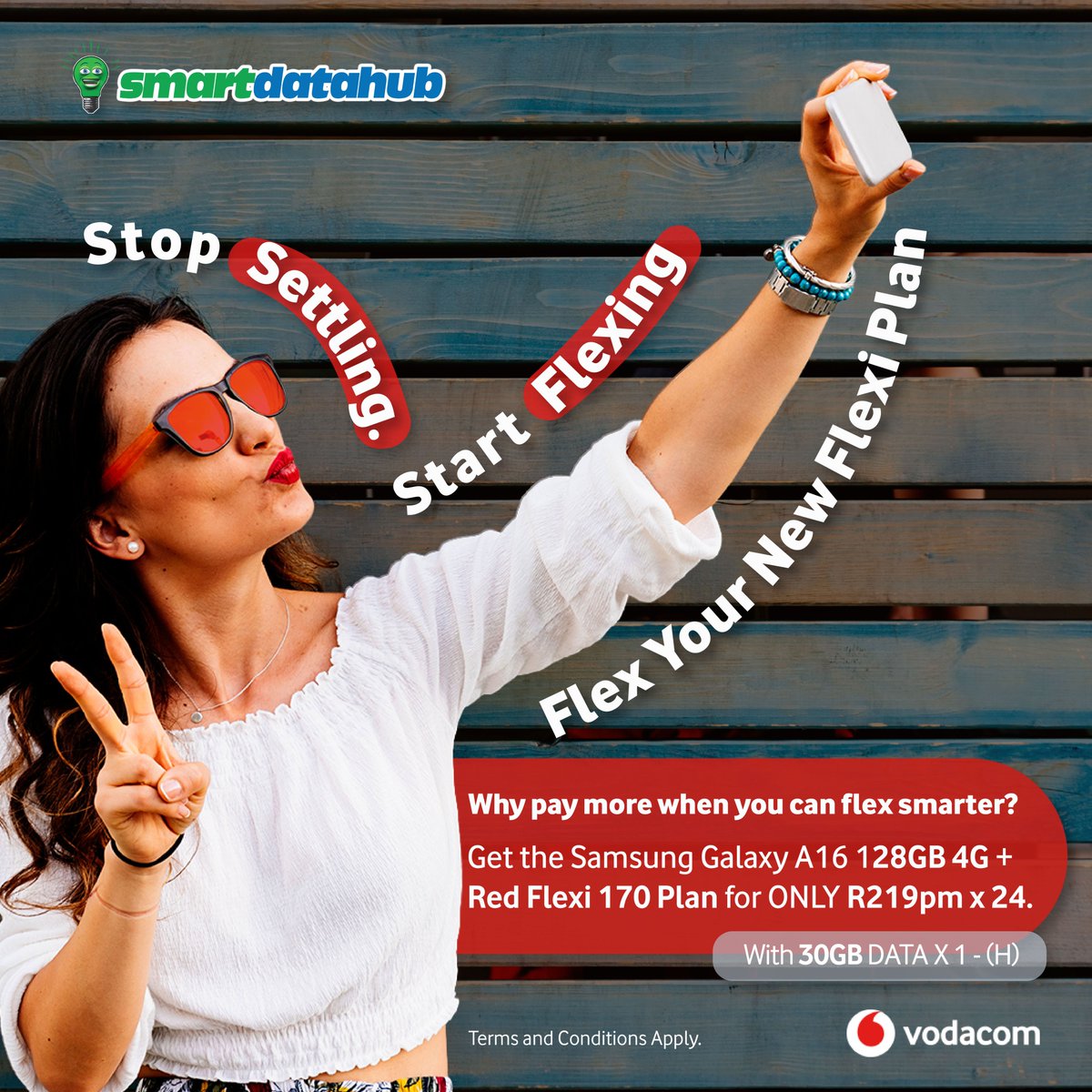 SmartDataHubSA's tweet photo. Stop Settling. Start Flexing😎!

Flex your new Flexi Plan🔥!

Get the Samsung Galaxy A16 128GB 4G + Red Flexi 170 Plan for ONLY R219pm x 24. With 30GB DATA X 1 - (H)!

#thesmartdataway #HomeofUnlimited #Vodacom #SmartData #SamsungGalaxyA16 https://t.co/dKIAqxZC2j