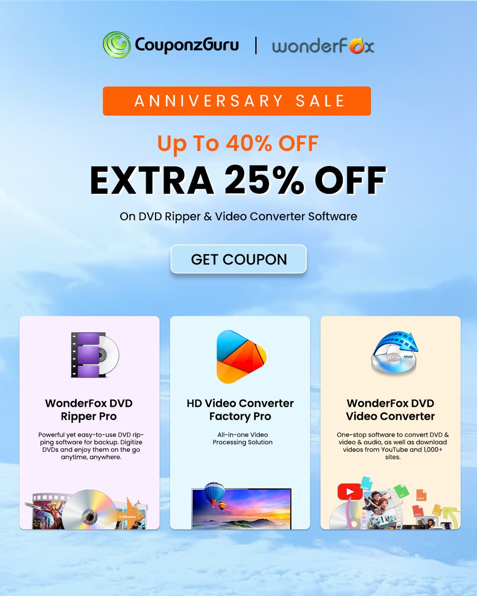 couponzguru's tweet image. Anniversary Sale Is Live At Wonderfox.
Avail Upto 40% Off On DVD Ripper &amp;amp; Video Converter Software.
Also Get Extra 25% Off Using The Coupon Code.

Check out the promo code at CouponzGuru To Avail The Offer.

#softwaredeveloper #videocontentmarketing #Coupon #ExclusiveCollection