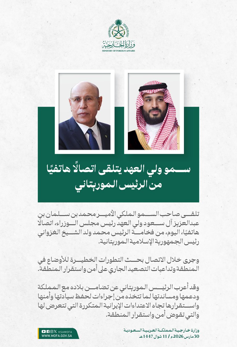 KSAMOFA's tweet photo. سمو #ولي_العهد يتلقى اتصالًا هاتفيًا من الرئيس الموريتاني جرى خلاله بحث التطورات الخطيرة للأوضاع في المنطقة وتداعيات التصعيد الجاري على أمنها واستقرارها. https://t.co/bDzcclOvp1