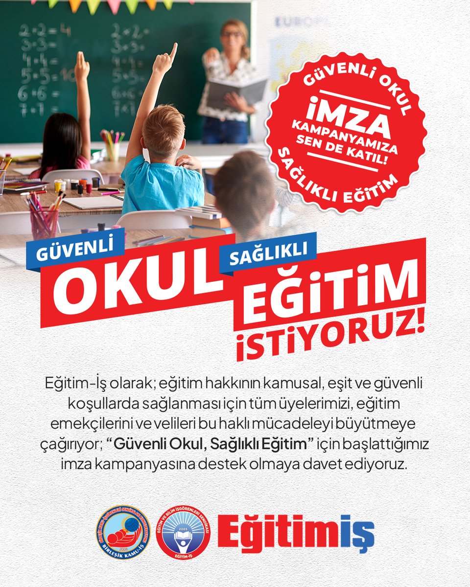 egitimisorg's tweet photo. Bugün okulları ve eğitim sistemini kuşatan yapısal sorunlar; öğrencilerin, öğretmenlerin ve tüm eğitim emekçilerinin sağlıklı, güvenli ve nitelikli bir eğitim ortamına erişimini ciddi biçimde engellemektedir. Unutulmamalıdır ki, güvenli ve sağlıklı eğitim ortamı tüm öğrenci ve eğitim emekçilerinin en temel kamusal hakkıdır.

Eğitim kurumlarının sağlıklı bir yapıya kavuşturulması, yalnızca fiziksel koşulların iyileştirilmesiyle sınırlı değildir. “Güvenli Okul, Sağlıklı Eğitim”; sağlık hizmetleriyle, psikososyal destek mekanizmalarıyla ve eğitim sistemine entegre edilmiş sosyal hizmet ağıyla birlikte örülmesi gereken, devletin en temel kamusal sorumluluğudur.

Tüm öğrenci ve eğitim emekçilerinin hakkı olan güvenli ve sağlıklı eğitim ortamına erişebilmesi için acil taleplerimiz:

·      Okullarda revir ve sağlık görevlisi bulunmalıdır.
·      Okul girişlerinde kadrolu güvenlik görevlisi görevlendirilmeli, girişlerde denetim sağlanmalıdır.
·      Okullarda yeterli sayıda kadrolu temizlik personeli görevlendirilmelidir.
·      Her öğrenci için ücretsiz, sağlıklı okul yemeği ve temiz içme suyu sağlanmalıdır.
·      Her okula rehber öğretmen atanmalı, öğrenci sayısına göre rehber öğretmen sayısı artırılmalıdır. Rehber öğretmenlerin raporları dikkate alınmalıdır.
·      Ülkemizdeki sosyal hizmetler sistemi geliştirilmeli ve okullarla sosyal hizmetler arasında ilişki kurulmalıdır.
·      CİMER üzerinden öğretmenler üzerinde kurulan baskıya son verilmelidir.
·      Kalabalık sınıflar azaltılmalı, yeni okul binaları ve derslikler yapılmalıdır.
·      Sanat ve spor dersleri güçlendirilmeli, okul takımları ve sanat kulüpleri yaygınlaştırılmalıdır.
·      Tüm okullar TSE güvenlik ve fiziki koşul standartlarına uygun hale getirilmelidir.

Eğitim-İş olarak; eğitim hakkının kamusal, eşit ve güvenli koşullarda sağlanması için tüm üyelerimizi, eğitim emekçilerini ve velileri bu haklı mücadeleyi büyütmeye çağırıyor; “Güvenli Okul, Sağlıklı Eğitim” için başlattığımız imza kampanyasına destek olmaya davet ediyoruz.

İmza Kampanyamıza Katılmak İçin Tıklayınız:

https://t.co/4nSVZN7gBl