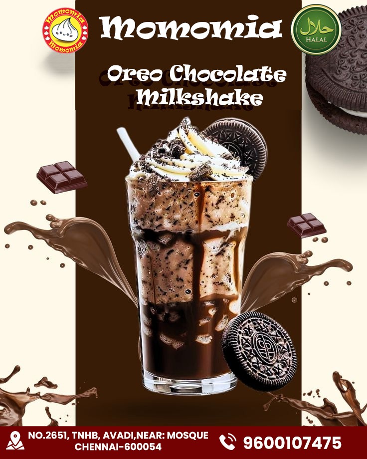MMomomia's tweet photo. Craving something chocolaty, creamy, and irresistible? 🍫🥤
Treat yourself to the ultimate Oreo Chocolate Milkshake at Momomia!

📍 No.2651, TNHB, Avadi (Near Mosque), Chennai – 600054
📞 9600107475

#Momomia #OreoMilkshake #ChocolateLovers #MilkshakeTime #DessertCravings https://t.co/mN9AvV6zOR