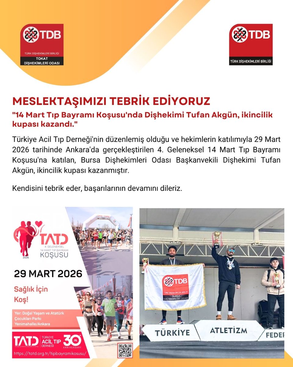 TDB_TDA's tweet image. MESLEKTAŞIMIZI TEBRİK EDİYORUZ

"14 Mart Tıp Bayramı Koşusu'nda  Dişhekimi Tufan Akgün, ikincilik kupası kazandı."

#turkdishekimleribirligi #diş #sağlık #dişhekimi #tdbhaber #tdbd #diş