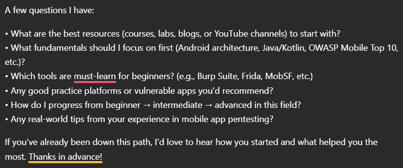 S_S_P_01's tweet photo. Hey everyone 👋

I’m looking to get started with Android Penetration Testing (Android PT) and would really appreciate some guidance from the community.

#AndroidSecurity #Pentesting #BugBounty #CyberSecurity #MobileSecurity https://t.co/xEIcXlXcRH