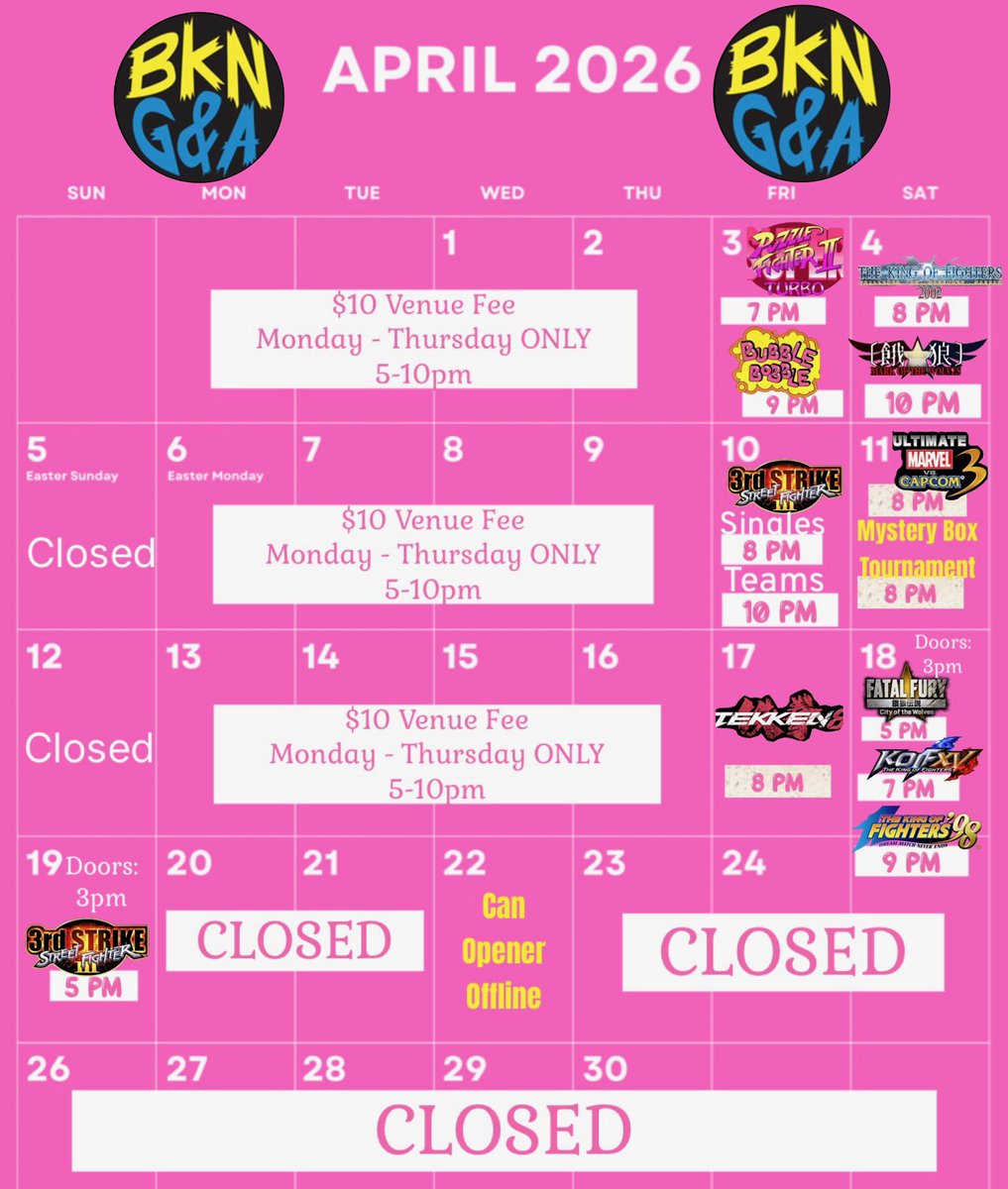 April 2026 calendar is up. Sign up links will be available soon. Onsite sign ups available too.