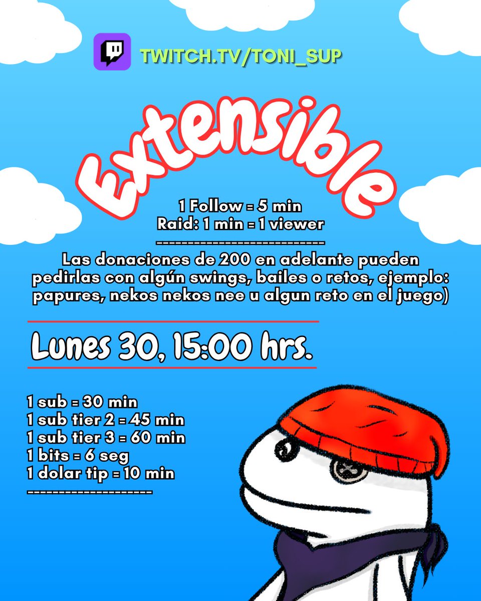 Por vacaciones haré extensible en mi canal de twitch este lunes 30 de marzo a las 3 pm hora Monterrey, las dinámicas son las mismas y será con camara!! 😎😎
twitch.tv/toni_sup
#extensible #vtuber #twitch #twitchtv