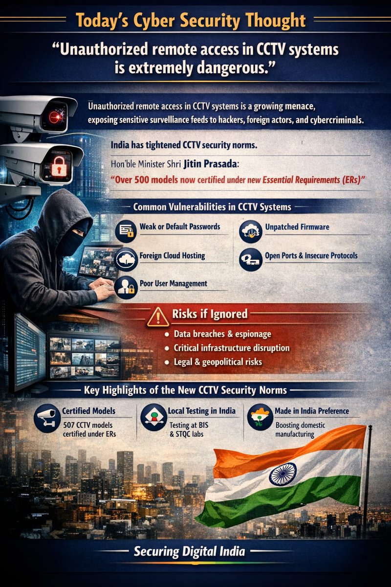 bthepolice's tweet photo. 📍"Unauthorized remote access in #CCTVsystems is extremely dangerous."
#India has tightened CCTV security norms—507 models now certified under new #EssentialRequirements (ERs). Local testing, hardware transparency & #MakeinIndia preference aim to block #weakpasswords, #unpatchedfirmware & foreign #cloudrisks.
#CyberSecurity #CCTV #DigitalIndia #DelhiPolice