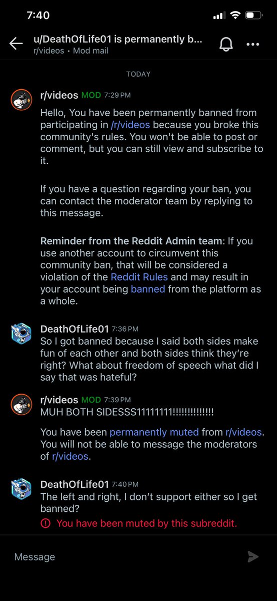 DeathOfLife01's tweet photo. Funny how @Reddit r/videos banned me over freedom of speech saying both sides make fun of each other and both side think they’re right, What’s going on where people can talk about Christians and Trump but no action is taking but I make a comment about both side they get mad &amp; ban https://t.co/tojpwGI9UX