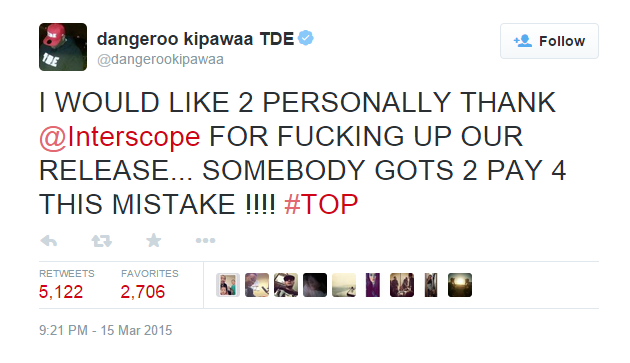 WordFromKdot's tweet photo. To Pimp A Butterfly dropping on 3/15 was a mistake.
Kendrick Lamar planned the release for 3/23 — the LA area code (323).
Someone at Interscope accidentally uploaded the clean version to iTunes 8 days early
Top Dawg went on Twitter immediately: https://t.co/03K86HSVhZ