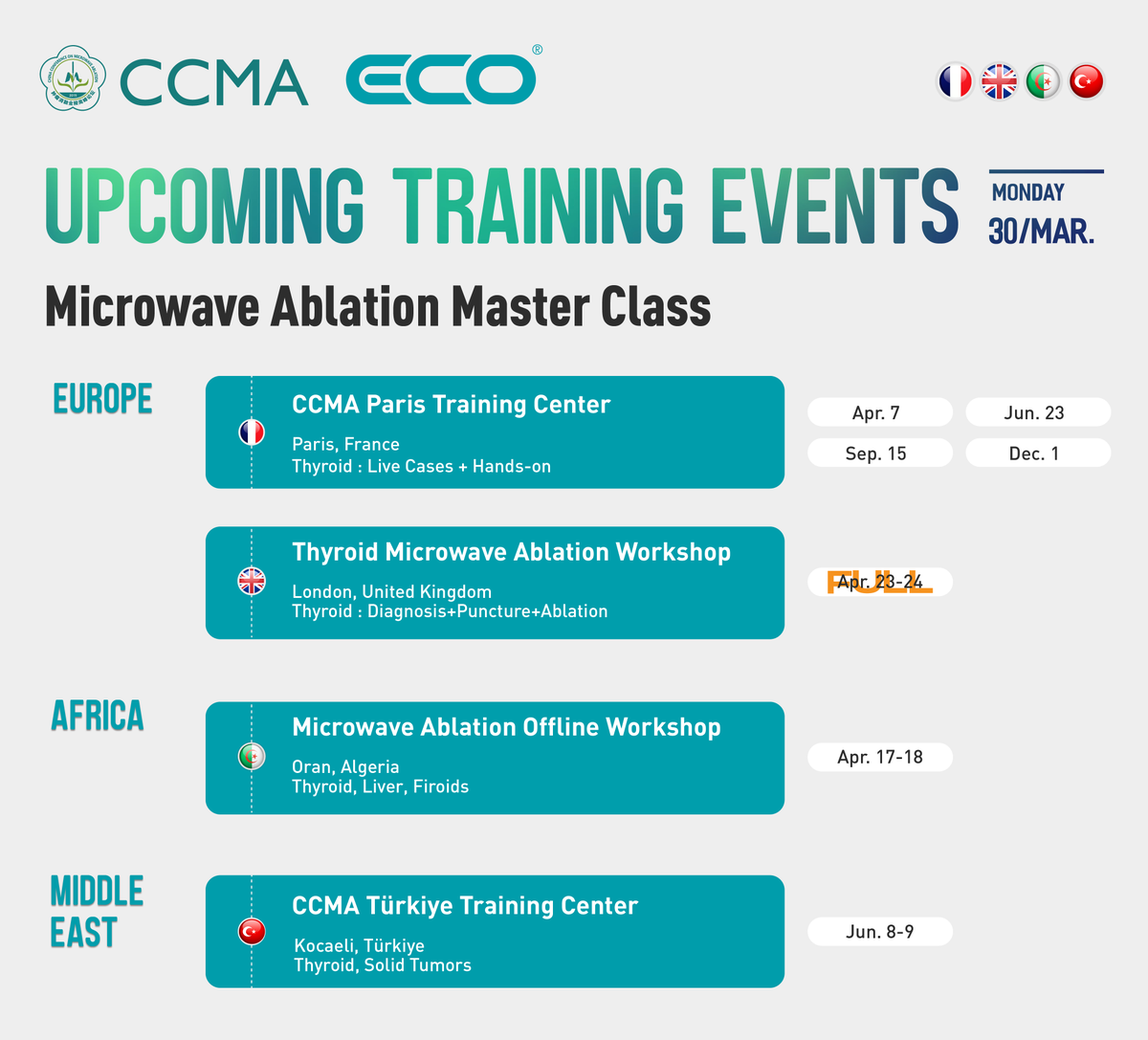 MicrowaveEco's tweet photo. #ECOupcomingtrainingevents for #2026
✅ UPDATES 30th March

Microwave Ablation Master Class (#CONFIRMED)

📅 Plan your training with ECO &amp; CCMA Training Programs.

ECO Medical Technology
ECO Medical USA https://t.co/W8g11fFcHU