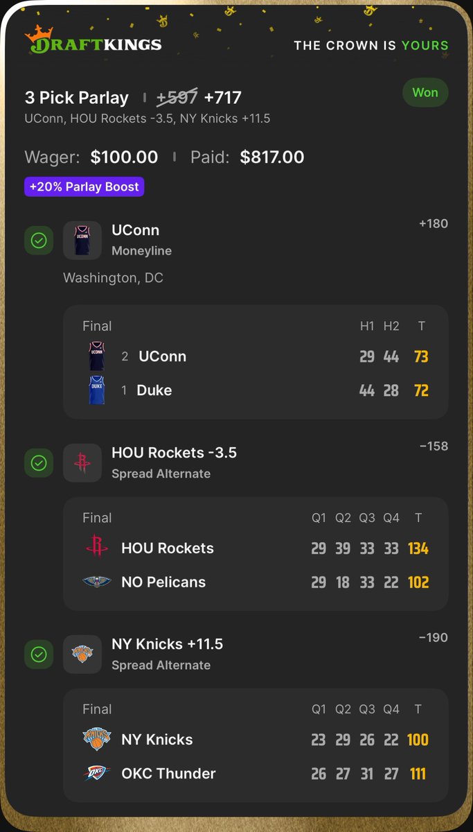 PICKS4DAFREESKI's tweet photo. Insane how UConn cashed and Knicks lose by exactly 11.. 😂 https://t.co/5WJW8lGHKb