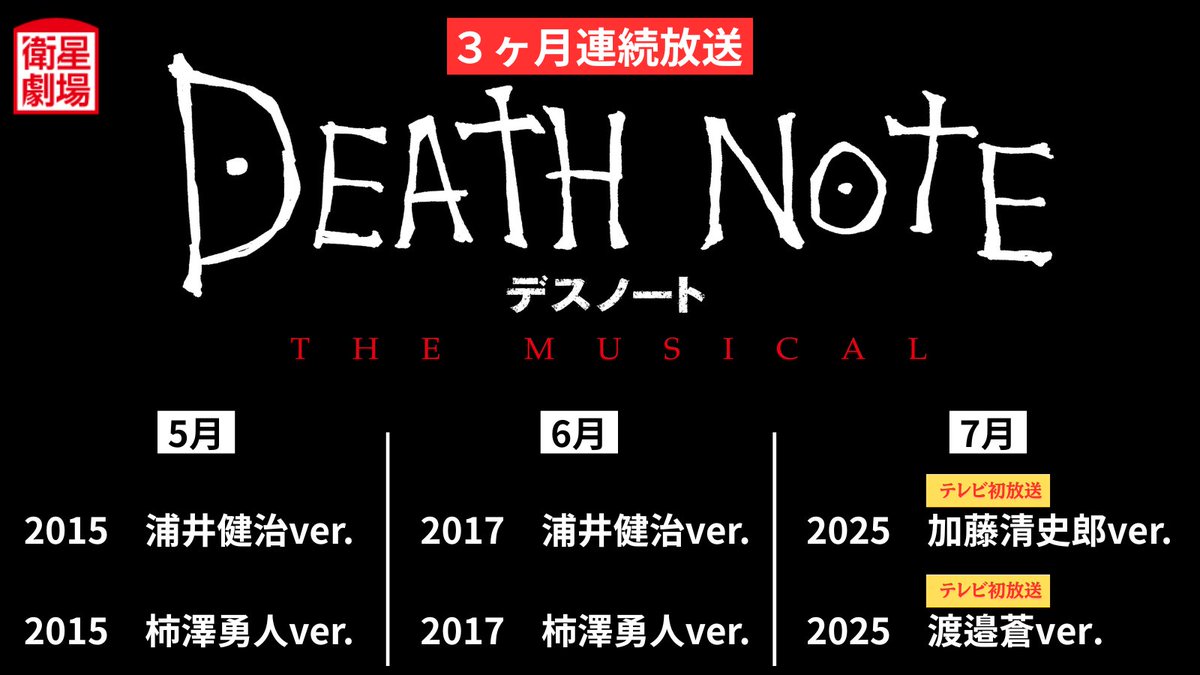 3ヶ月連続「デスノート THE MUSICAL」特集🍎
5月よりテレビ初放送を含む６作品を放送！ 
eigeki.com/news/862
#deathnote #デスノートミュージカル
 
🍎5月放送
「デスノート THE MUSICAL」
2015　浦井健治ver. / 2015　柿澤勇人ver.
<a href="/Kenji_Staff/">浦井健治＆STAFF</a> <a href="/kakizawa_hayato/">柿澤勇人&STAFF</a>

🍎6月放送
「デスノート THE