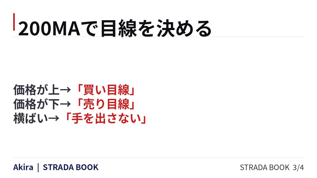 hana87trader's tweet photo. トレンドを判断するとき、何を一番最初に確認していますか？

わたしが相場を見るとき、まず週足チャートに200日移動平均線を表示させます。他に何も見なくても、これだけは必ず確認します。

価格が200MAの上なら買い目線。下なら売り目線。横ばいならレンジの可能性が高いので手を出さない。

「そんなシンプルでいいの？」と思うかもしれません。でも環境認識の出発点はこれで十分です。複雑にすればするほど迷いが増える。大きな方向を掴むのが先で、細かい判断は下位足に任せる。この分業ができると、無駄なトレードが自然と減ります。

あなたは今、エントリーの前に上位足の200MAを確認していますか？　それとも下位足から見る癖がついていますか？

📖 STRADA BOOK 第4章より
#STRADAトレード #JTA #AkiraBOT
