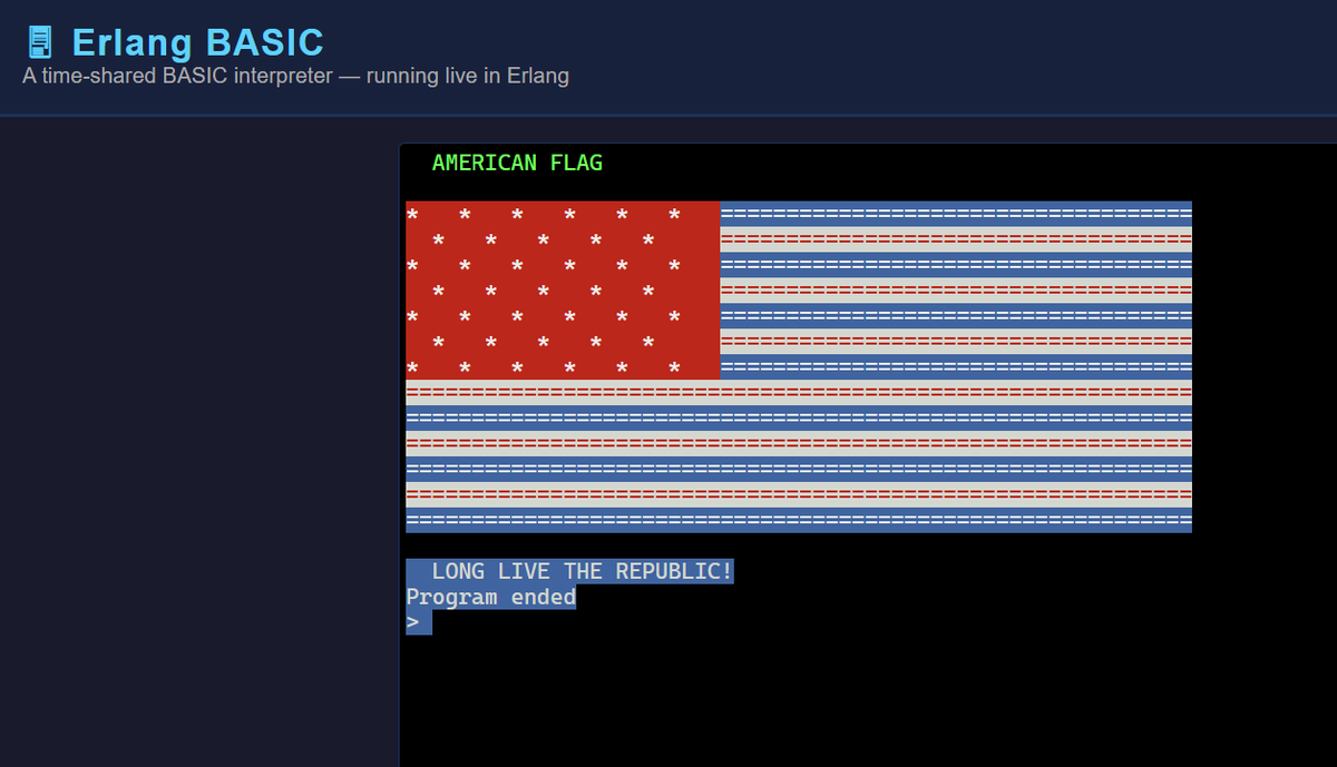 ThrillScience's tweet image. We added color! Here's a progam called flag.bas

Try it: github.com/ReuvenSwirsky/…

#BASIC #Erlang #retrocomputing