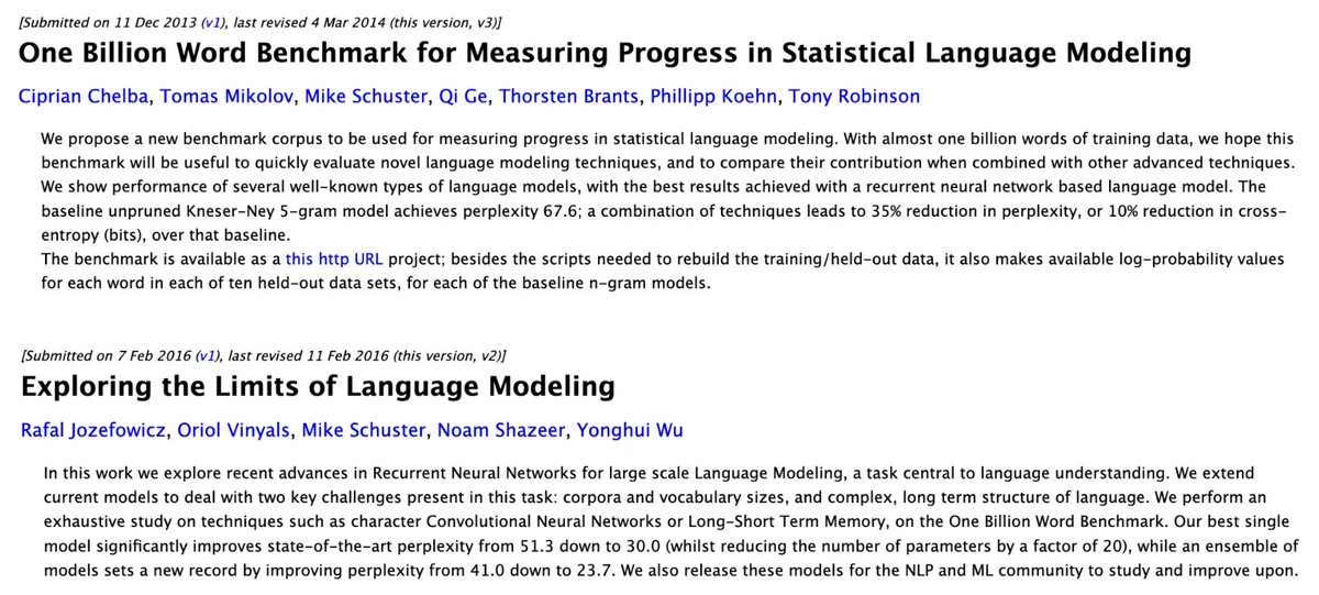 arankomatsuzaki's tweet photo. While Alec is one of the best ML researchers of all time, LLM started way before. 

Here's one from 2013 for non-neural architecture and one from 2016, which is afaik the first neural LLM if we define LLM as LM w/ >1B params. https://t.co/WM0oR28uAn