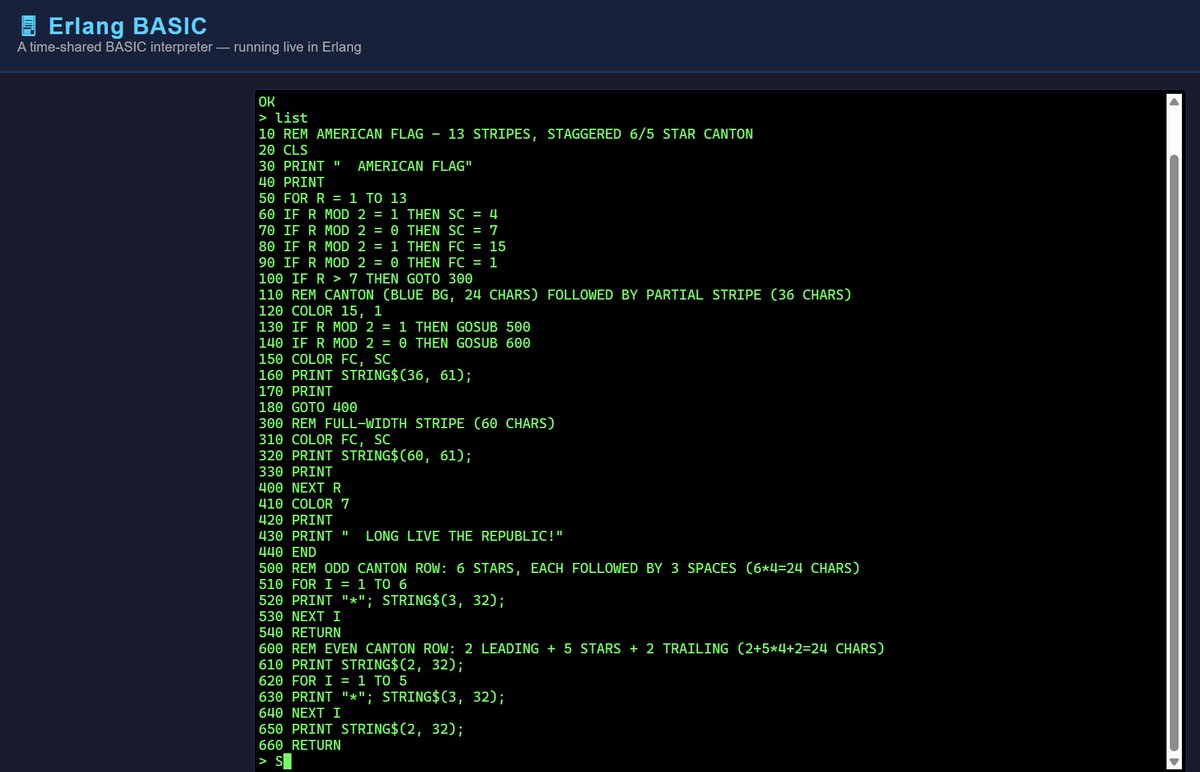 ThrillScience's tweet image. We added color! Here's a progam called flag.bas

Try it: github.com/ReuvenSwirsky/…

#BASIC #Erlang #retrocomputing