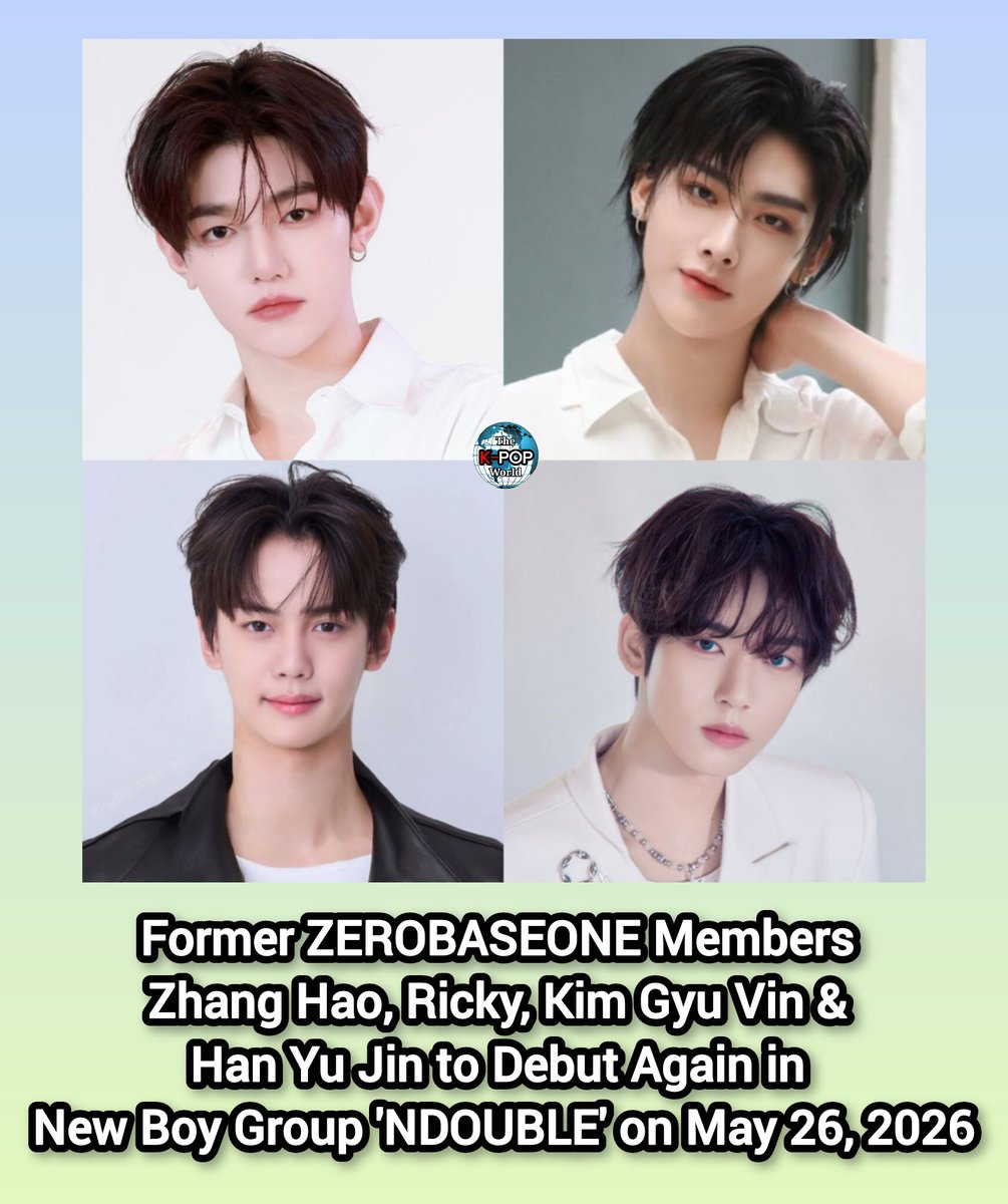 THEKPOPWOR46706's tweet photo. 🚀 Former #ZEROBASEONE members Zhang Hao, Ricky, Kim Gyu-vin, and Han Yu-jin are launching a new boy group #NDOUBLE under YH Entertainment! 🎉 First music release on May 26, 2026! 😊 Fans are hype about this powerhouse lineup! 💥 More members TBA! https://t.co/znmma06TQQ